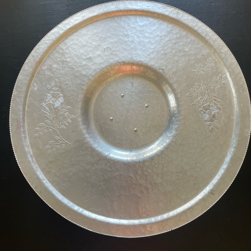Vintage Large Lazy Susan Silver Floral Aluminum Embossed Turning Serving Tray